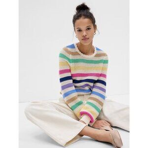 GAP Cream Rainbow Striped Cotton Crochet Knit Crew Neck Sweater, Size S